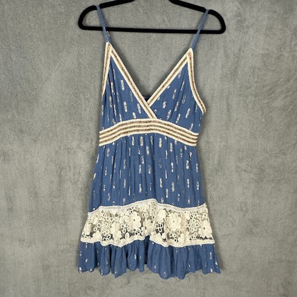 Zury Dress Womens Free Size Blue Gold Metallic Babydoll Festival Boho Beach Mini